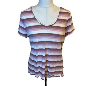 Lucky Brand Women's T-shirt Size Small Pink Striped V-Neck Short Sleeve